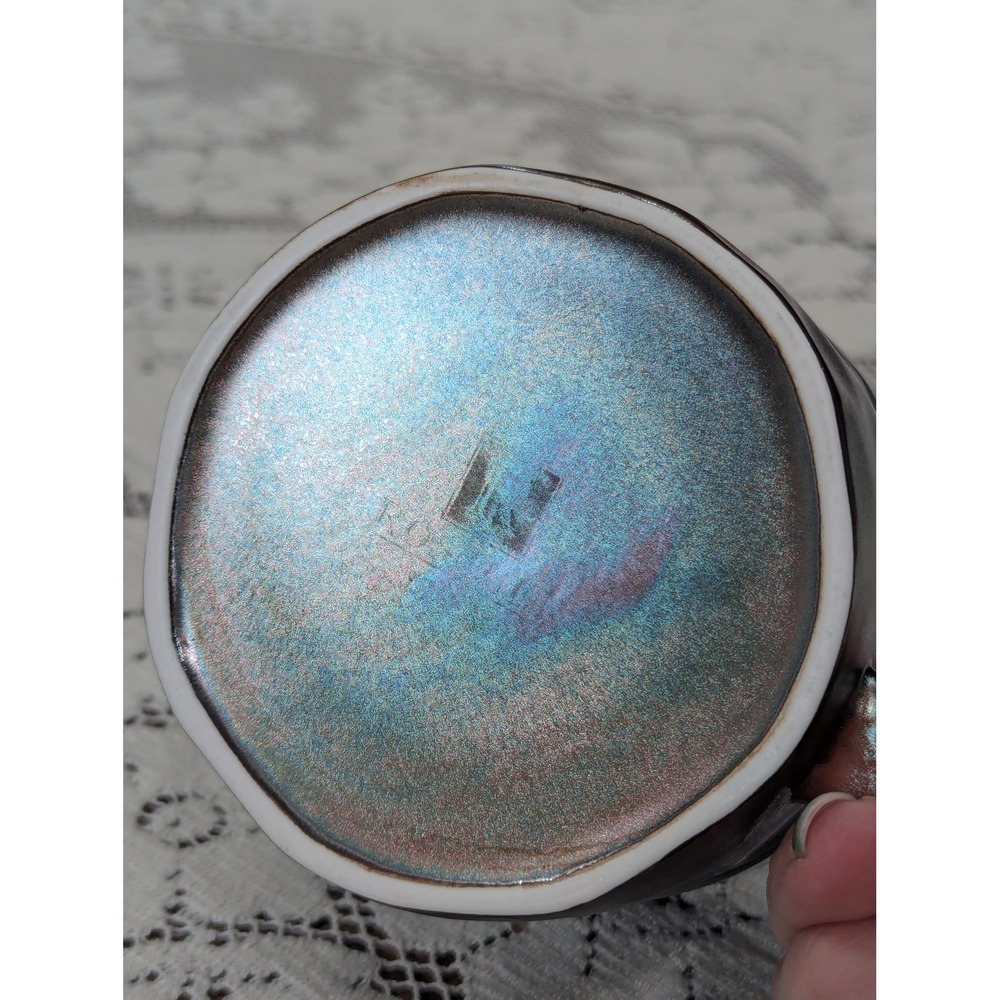 Vintage Coffee Mug Teal Blue Iridescent Studio Pottery Square Handle - Picture 14 of 14